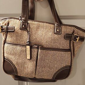 Chaps Brown Herringbone Tote Shoulder Bag Handbag Purse Double Handle